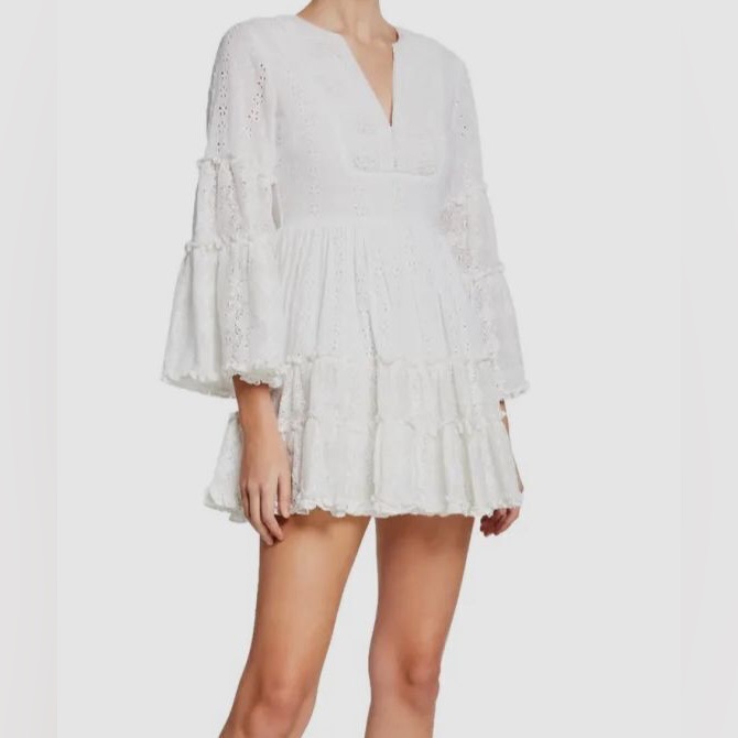 Alexis White Norwa V-Neck Tiered Eyelet Lace Mini Dress